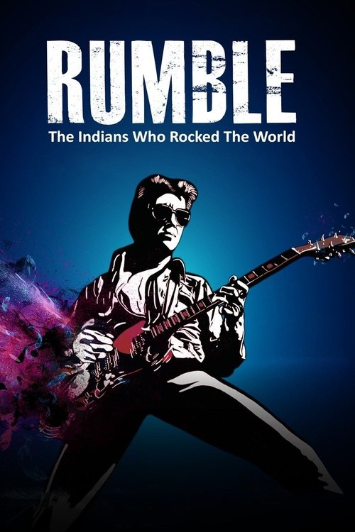 The movie poster features a dynamic image of a guitarist in a black shirt and jeans, playing an electric guitar against a dark blue background. Vibrant pink and purple smoke effects add energy and movement to the scene. The bold white title "Rumble" dominates the top, with the tagline "The Indian...
