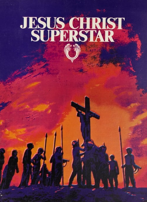 The poster features silhouettes of people holding swords against a dramatic sunset sky. The title "Jesus Christ Superstar" is prominently displayed in bold red letters. The overall mood is intense and epic, evoking a sense of historical drama and action.
