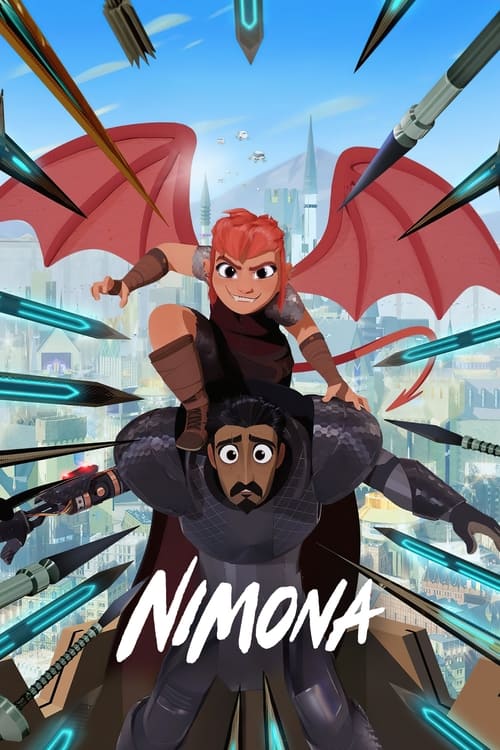 The poster features two animated characters in dynamic action poses against a backdrop of flying weapons and futuristic cityscapes. The vibrant red and blue color scheme creates an energetic, adventurous mood, while the bold title "NIMONA" anchors the composition.