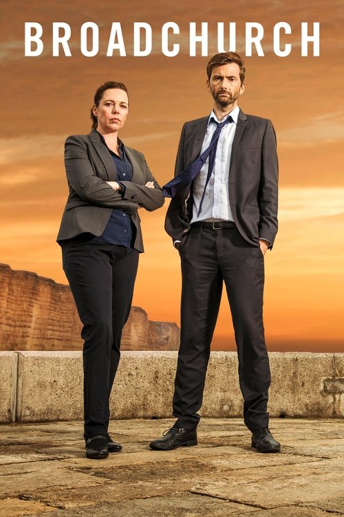 The poster features two characters standing against a warm sunset backdrop, exuding professional yet mysterious tension. The muted tones of the sky and the formal attire of the individuals create a somber, noir atmosphere that hints at the show's dark drama.