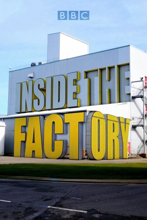 The poster features bold, yellow letters spelling "INSIDE THE FACTORY" against a bright blue sky. A BBC logo appears at the top, suggesting a popular British series. The scene evokes a sense of industrial creativity and humor, with a clean, modern aesthetic.