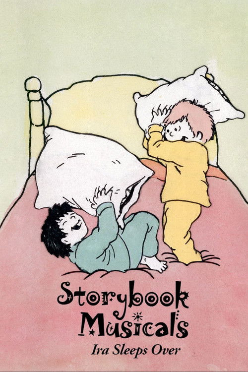 The poster features two children sleeping in a cozy, pastel-colored bed. The soft pink and yellow hues create a dreamy, nostalgic mood, while the playful, cartoonish style evokes a sense of childhood wonder and innocence.