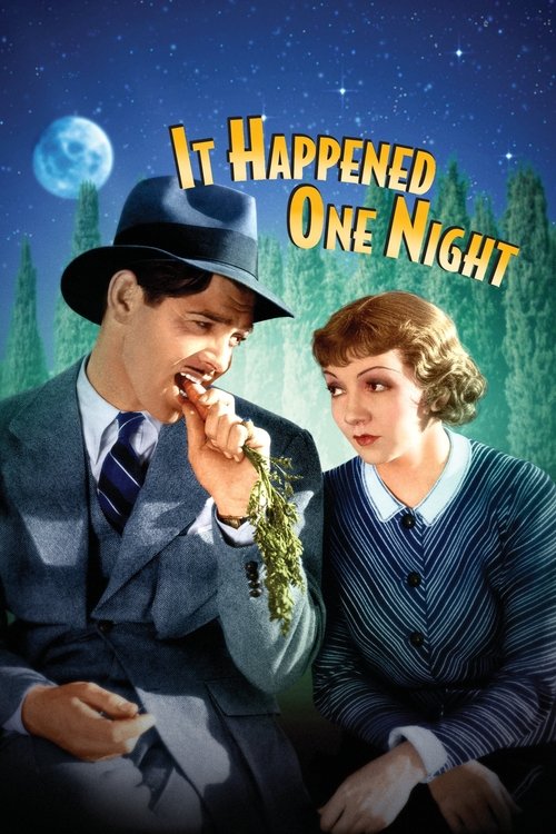 The poster features a man in a hat and suit holding a green plant, while a woman in a blue dress looks on with a concerned expression. The title "It Happened One Night" is prominently displayed in yellow text against a starry night sky. The overall mood is mysterious and nostalgic, capturing the ...