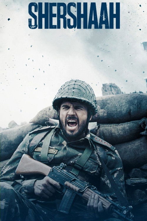 The poster features a determined soldier in combat gear, holding a rifle, with sandbags in the background. The muted colors and gritty atmosphere convey a serious, tense mood. The title "Shershaah" is prominently displayed at the top.