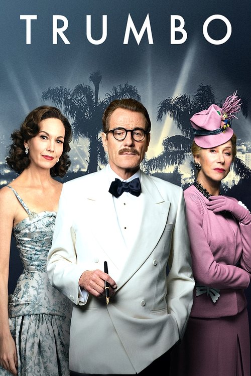 The poster features three elegantly dressed individuals against a backdrop of palm trees and a dramatic sky, suggesting a glamorous and mysterious setting. The man in the white suit holds a cigarette, while the woman on the left wears a shimmering dress, and the woman on the right dons a pink hat...