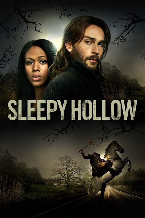 The poster features a dramatic, moody scene with a woman and a man in the foreground, their expressions serious and intense. The background is dark with eerie, skeletal tree silhouettes and a ghostly horse rider in the lower right, creating a spooky atmosphere. The title "SLEEPY HOLLOW" is promin...
