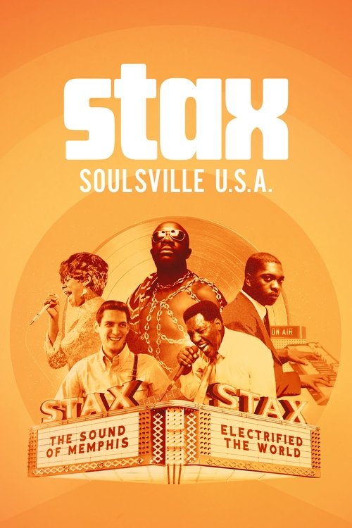 The poster features a warm orange background with the bold white "Stax" logo at the top. Below, four men are depicted in a group, each holding a microphone, suggesting a musical performance. The central figure is larger and more prominent, while the others are smaller and positioned around him. T...