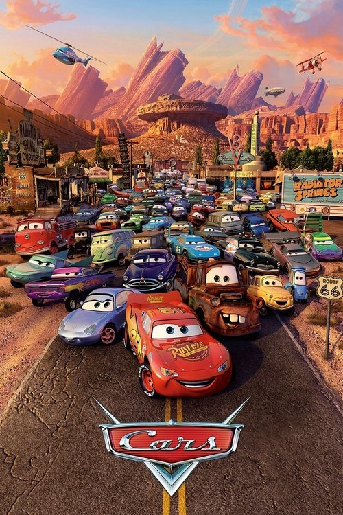 This vibrant poster showcases a bustling city scene filled with colorful cars, including iconic characters like Lightning McQueen and Mater. The warm sunset hues create a lively and energetic atmosphere, capturing the essence of the animated film's dynamic world.