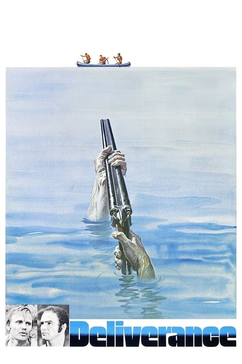 The poster depicts a tense scene with a man holding a shotgun, his face obscured, against a backdrop of calm blue water. A small boat with three figures floats peacefully at the top, contrasting sharply with the ominous atmosphere below. The muted blues and whites evoke a sense of danger and susp...
