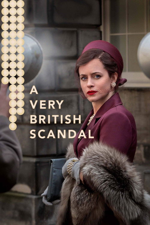The poster features a woman in a maroon dress and fur coat, exuding elegance against a muted, sepia-toned background. The title "A Very British Scandal" is elegantly displayed in gold lettering. The overall mood is sophisticated and slightly mysterious, hinting at a dramatic narrative.