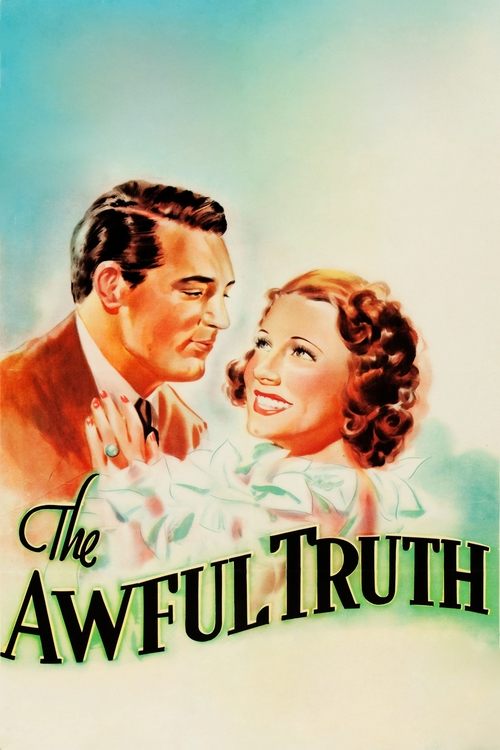 This vintage movie poster features a romantic couple in a warm, golden hue. The man gazes lovingly at the woman, who smiles gently. The title "The Awful Truth" is elegantly written in bold, green letters. The soft pastel background evokes a nostalgic, timeless feel.