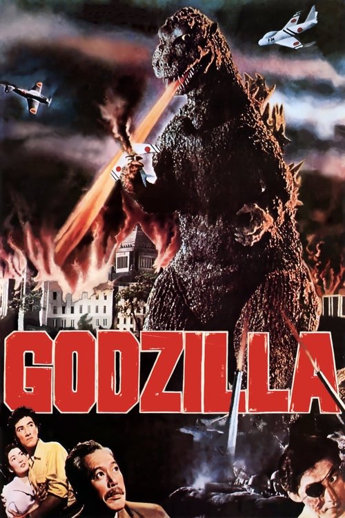 The poster features Godzilla roaring amidst flames, with a dramatic sky backdrop. People in the foreground—two women and a man—add emotional depth. The bold red title "Godzilla LA" dominates the bottom, conveying action and adventure.