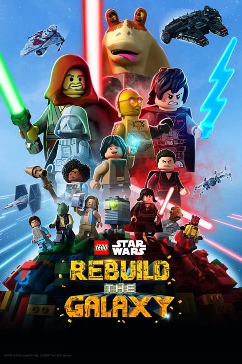 The poster features LEGO Star Wars characters in vibrant colors, including red, green, and blue. The characters are posed dynamically, suggesting action and adventure. The background is filled with explosions and spacecraft, creating an energetic and exciting atmosphere. The title "LEGO Star Wars...