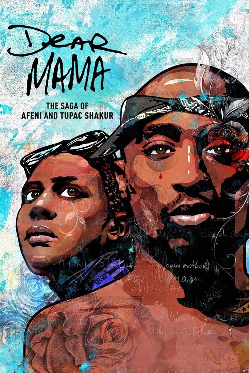 The poster features two African American men with expressive faces, one with a beard and the other without. The background is a vibrant mix of blues and purples, evoking a dreamy, emotional atmosphere. The title "Dear Mama" is prominently displayed in bold, artistic lettering, suggesting themes o...