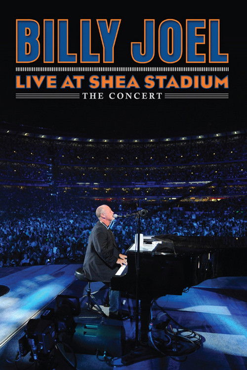 Billy Joel plays piano on stage under a spotlight, surrounded by a sea of blue lights and a cheering crowd. The poster captures the intimate yet grand atmosphere of a live concert, emphasizing the connection between the performer and the audience.