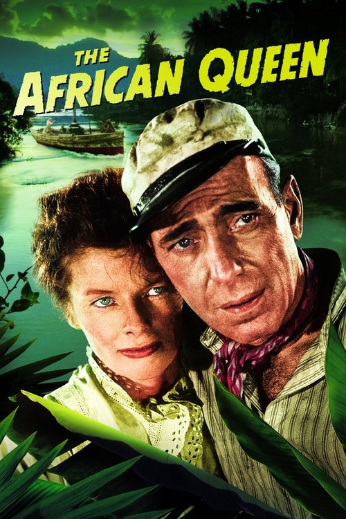 The poster features a man in a military cap and a woman with short hair, both looking intense and serious. The background is a lush green jungle, suggesting adventure and danger. The title "The African Queen" is prominently displayed in bold yellow letters. The overall mood is one of suspense and...