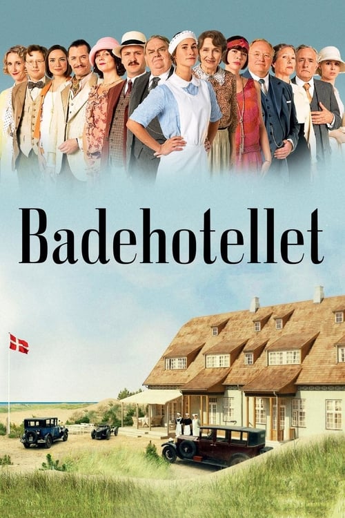 The poster features a group of people in period clothing against a bright blue sky, evoking a nostalgic seaside atmosphere. Below them, a charming thatched-roof hotel sits on a grassy beach with a flag waving in the wind. The warm colors and serene setting suggest a cozy, relaxing vacation experi...