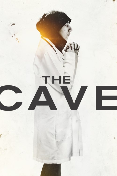 The poster features a woman in a white coat, her face partially obscured by shadows and light filtering through. The title "THE CAVE" is prominently displayed in bold letters. The mood is mysterious and atmospheric, with a sense of isolation and introspection.
