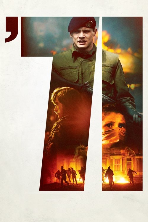 The poster features a soldier in a green uniform against a fiery backdrop, with a large "7" framing the image. The warm colors of orange and red evoke a sense of urgency and danger, while silhouettes of figures suggest a dramatic historical narrative.