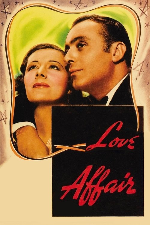 The poster features a man and woman in a romantic embrace, with the title "Love Affair" elegantly written in red script against a black background. The warm yellow-green hues evoke a nostalgic, romantic mood, capturing the essence of a timeless love story.