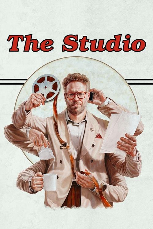 The Studio poster features a man in a beige suit holding various objects like a film reel, papers, and a mug against a muted background. The warm tones and casual pose convey a relaxed, creative atmosphere typical of a comedy or sketch show.