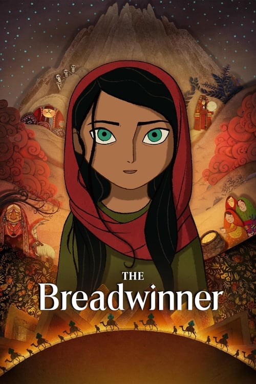 The poster features a young woman with striking green eyes and a red hood, standing in front of a mystical mountain landscape. Warm golden hues blend with the deep reds of her clothing, creating a cozy yet adventurous atmosphere. The title "The Breadwinner" is prominently displayed at the bottom,...