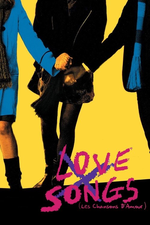 The poster features silhouettes of two women walking hand in hand against a vibrant yellow background. Bold pink text reads "LOVE SONGS" with a stylized heart symbol, evoking a romantic and dreamy atmosphere.
