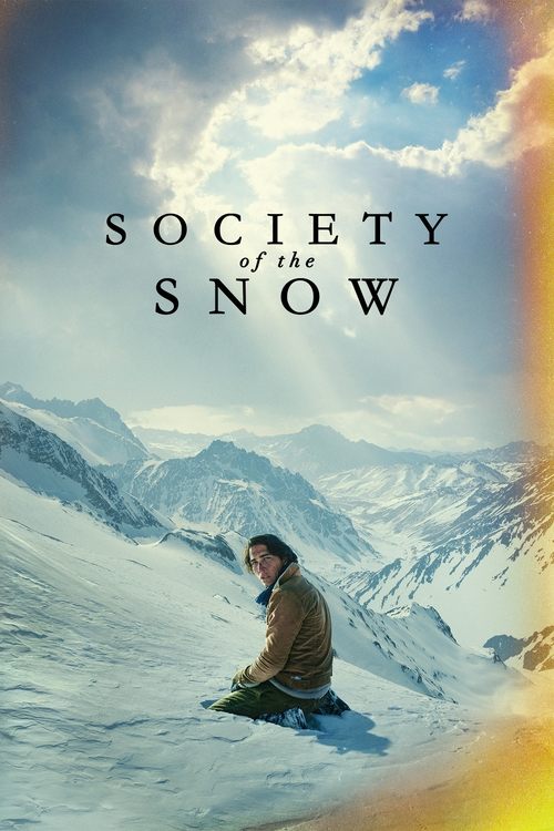 The poster features a lone figure sitting on a snowy mountain peak, evoking a sense of solitude and introspection. The muted tones of the snow and the soft, ethereal sky create a serene yet mysterious atmosphere. The title "Society of the Snow" is elegantly placed in the upper center, hinting at ...