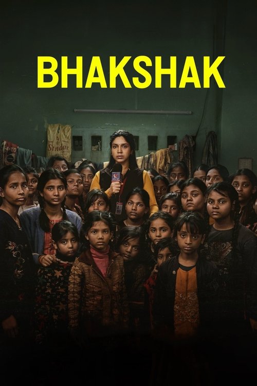 The poster features a somber group of children and adults in dimly lit, gritty settings. The muted tones and shadowy figures evoke a sense of hardship and resilience. The bold yellow title "Bhakshak" stands out against the dark background, symbolizing hope and the enduring spirit of the community.