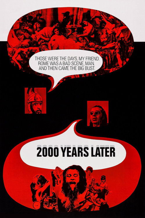 This poster features a dramatic red and black color scheme with a central figure in a speech bubble. The top section shows ancient figures in red, while the bottom depicts modern people in a similar style. The mood is mysterious and historical, suggesting a time travel narrative.