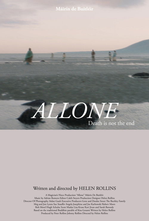 The poster features a serene, misty seascape with silhouetted figures in the distance, evoking a sense of solitude and melancholy. The muted tones of gray, white, and soft pink create a contemplative atmosphere, while the title "ALLONE" stands out prominently against the tranquil backdrop.