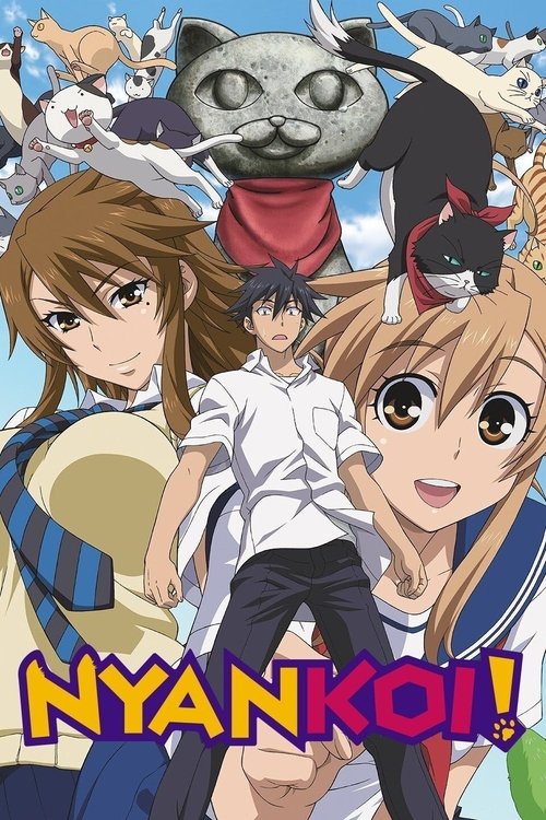 This anime poster features a vibrant scene with a boy in a blue outfit, a girl in a white shirt, and a cat with a red scarf. The background is filled with other characters, creating a lively and colorful atmosphere. The title "Nyan Koi!" is prominently displayed in bold letters, suggesting a play...