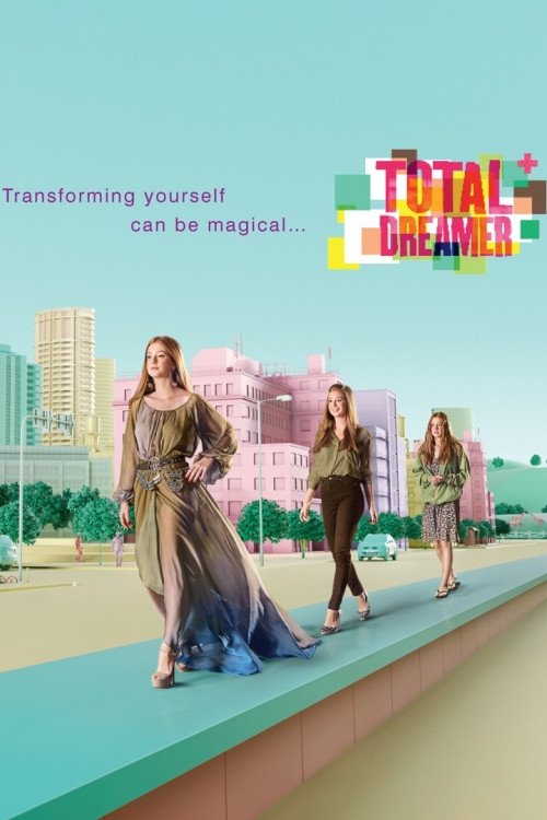 The poster features three women walking along a colorful rooftop, with a vibrant pink cityscape in the background. The women are dressed in stylish, colorful outfits that complement the lively atmosphere. The overall mood is cheerful and energetic, reflecting the show's theme of transforming ones...