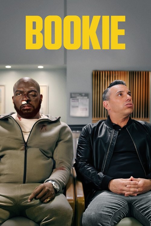 The poster features two men in a dimly lit room, exuding a mysterious and tense mood. The bold yellow title "BOOKIE" stands out against the muted background, emphasizing the show's gritty and dramatic tone.