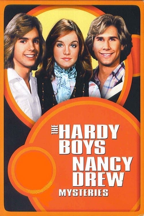 The poster features three young boys with confident smiles against a warm orange background, evoking a playful yet mysterious atmosphere. The bold typography announces "The Hardy Boys / Nancy Drew Mysteries," suggesting a classic mystery series. The vibrant colors and youthful energy create an in...