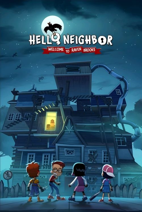The poster features four children standing in front of a spooky, haunted house at night. The house has a dark blue and purple color scheme with eerie lighting, while the children are dressed in colorful clothing. The mood is mysterious and suspenseful, suggesting a thrilling story about a neighbo...