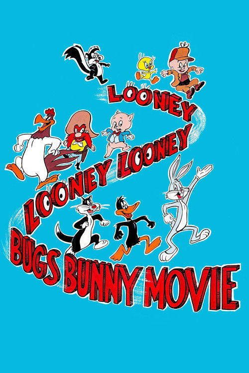 This vibrant poster features a dynamic scene with Bugs Bunny, Daffy Duck, and other cartoon characters in mid-action against a bright blue background. The playful, energetic mood is emphasized by the bold red text and colorful characters, capturing the fun and whimsical spirit of the Looney Tunes...