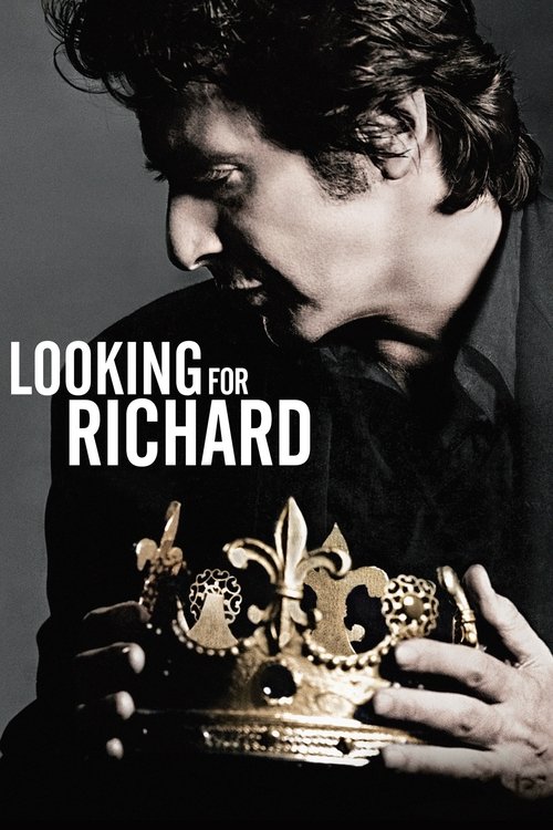 The poster features a man with dark, tousled hair holding a golden crown, evoking royalty and mystery. The title "Looking for Richard" is prominently displayed in bold white text against a dark background, creating a dramatic and intriguing atmosphere.