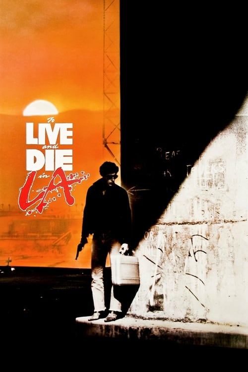The poster features a silhouette of a person walking against a dramatic sunset, with the title "LIVE DIE IN L.A." prominently displayed in bold red letters. The warm orange and yellow hues evoke a sense of urban energy and nostalgia, while the stark contrast between the light and shadow adds dept...