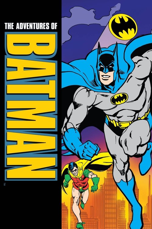 This vibrant comic book poster features Batman in a dynamic pose against a dramatic sunset backdrop, with a smaller version of the hero below. The bold yellow text and rich colors evoke a sense of adventure and heroism.