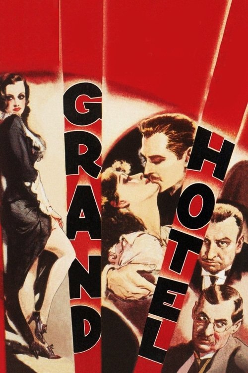 The poster features a dramatic red background with bold black text reading "Grand Hotel." It showcases a collage of characters in various poses, suggesting a classic film noir atmosphere. The composition evokes suspense and intrigue, hinting at a story filled with mystery and romance.