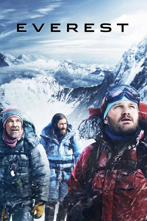 The poster features three climbers in vibrant winter gear against a backdrop of majestic, snow-covered mountains. The cool blues and whites of the icy landscape contrast with the warm reds and browns of the climbers' clothing, creating a visually striking and adventurous mood.