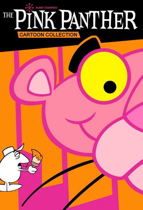 The Pink Panther poster features a vibrant orange background with a large pink panther's face dominating the frame. A small white rabbit holds a cocktail glass, adding a playful touch. The bold title and "Cartoon Collection" text set the tone for the whimsical and entertaining show.