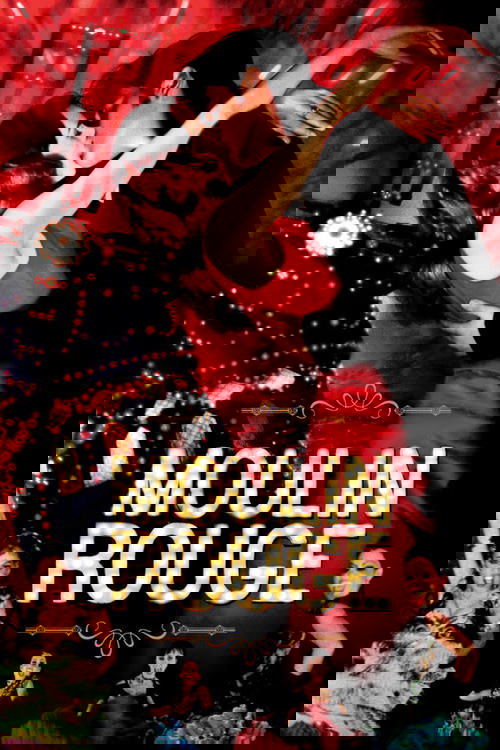 The poster features a dramatic dance scene with a couple in vibrant red and black, exuding passion and romance. The background is filled with colorful dancers in various costumes, creating a lively and festive atmosphere. The title "Moulin Rouge!" is prominently displayed in bold, golden letters,...