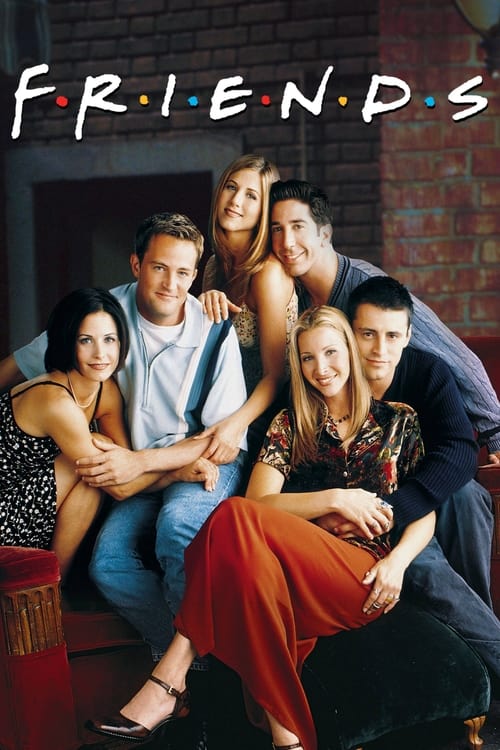 The poster features six characters in a warm, cozy setting with brick walls and soft lighting. The vibrant reds and warm tones create a welcoming atmosphere, while the casual poses suggest a friendly and approachable vibe. The title "Friends" is prominently displayed at the top, anchoring the ima...