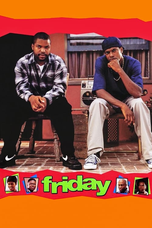The poster features two men sitting on a brick ledge, one in a plaid shirt and the other in a blue shirt, both with a relaxed, casual demeanor. The vibrant orange background and the playful "friday" title at the bottom create a cheerful, summery atmosphere.
