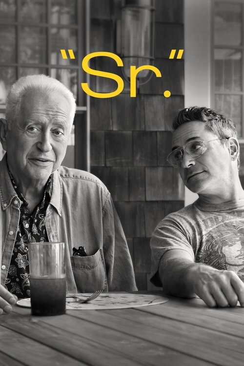 This black-and-white poster features two men seated at a wooden table, with a glass of dark liquid in front of them. The title "Sr." is prominently displayed in yellow text. The mood is contemplative and slightly melancholic, suggesting themes of aging and introspection.