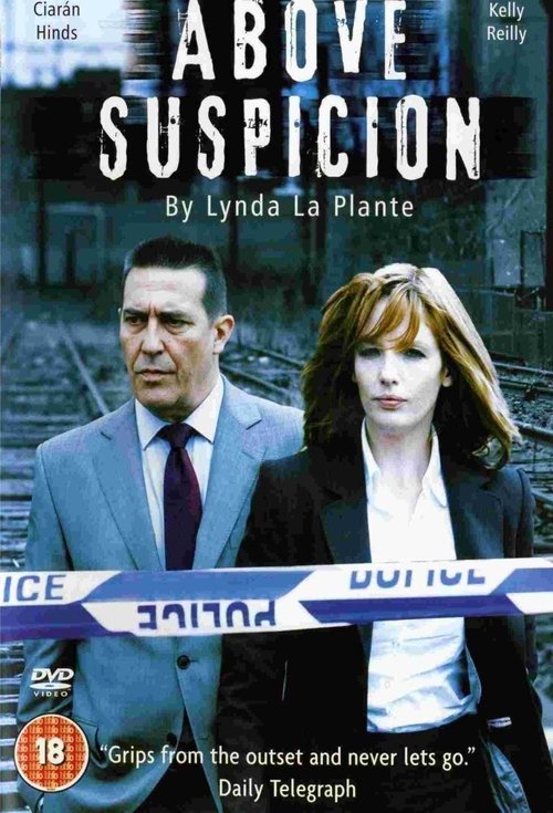 The poster features a man in a suit and a woman with red hair, both looking serious against a dark, moody background. The title "Above Suspicion" is prominently displayed in bold white letters, with the tagline "Grips from the outset and never lets go." The overall mood is suspenseful, with a blu...