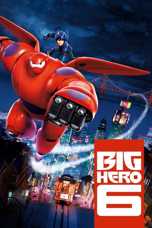 A vibrant red robot pilot dominates the sky, soaring above a neon-lit cityscape. The poster captures the excitement and energy of the movie, with dynamic motion lines and a sense of adventure. The bold red "Big Hero 6" logo stands out against the dark background, emphasizing the film's action-pac...