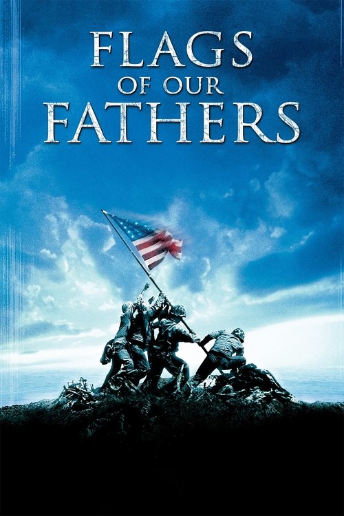 The poster features soldiers in dark uniforms atop a rocky hill, with the American flag waving against a dramatic blue sky. The mood is somber yet inspiring, capturing the weight of historical sacrifice.